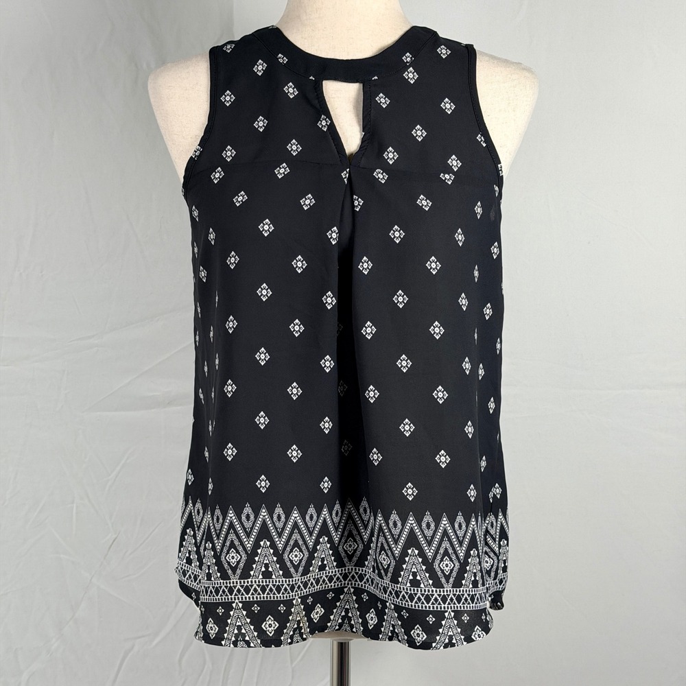 Pink Rose Womens Black Geometric Print Keyhole Sleeveless Blouse boho festival S